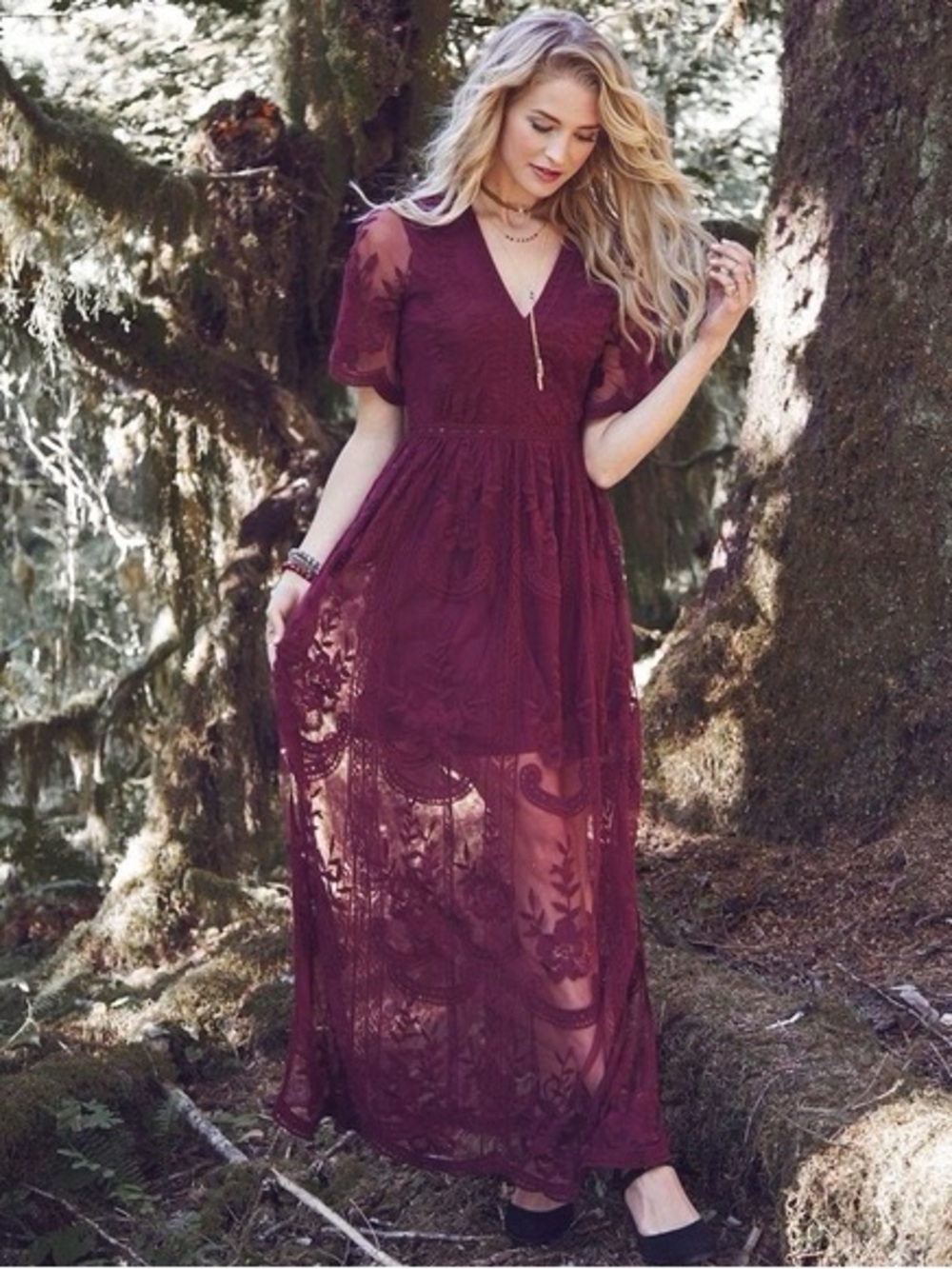 Altar'd State Marionette Lace Mesh Overlay Maxi Dress Burgundy Wine Small Boho